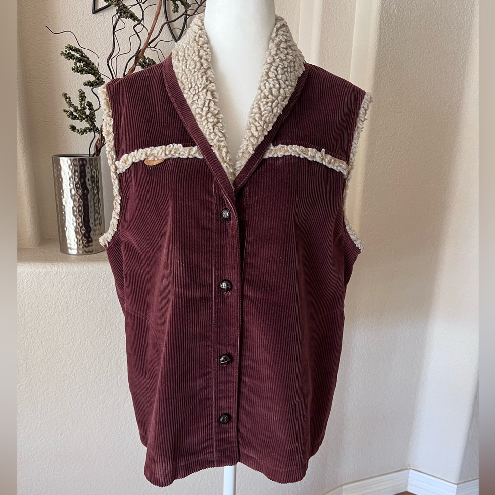 Vintage Corduroy And Sherpa Vest Wrapped Buttons Pockets Sz 14 The Villager 70s